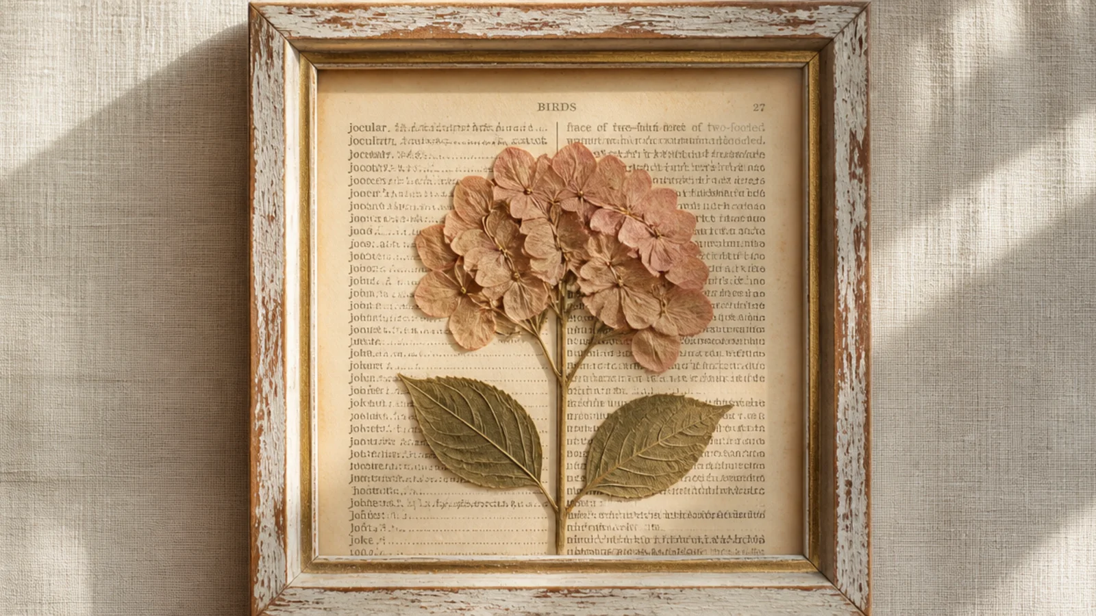A pressed flower mounted over an aged book page with visible text, framed in a distressed wood frame.