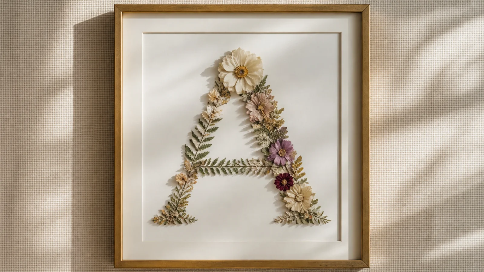 Small pressed flowers arranged to form the shape of a single letter initial, centered on white backing in a frame.