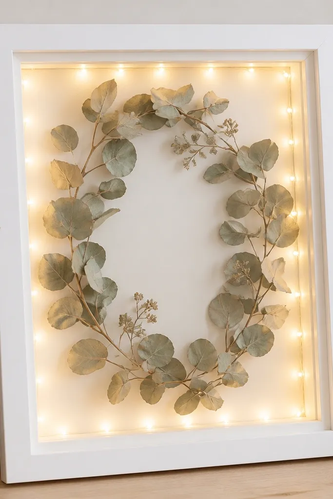 A white 8x10 picture frame with glass; behind the glass are dried pale sage eucalyptus leaves arranged in a loose oval. Warm white fairy lights run along the inner border, and the glow softly halos the leaves.