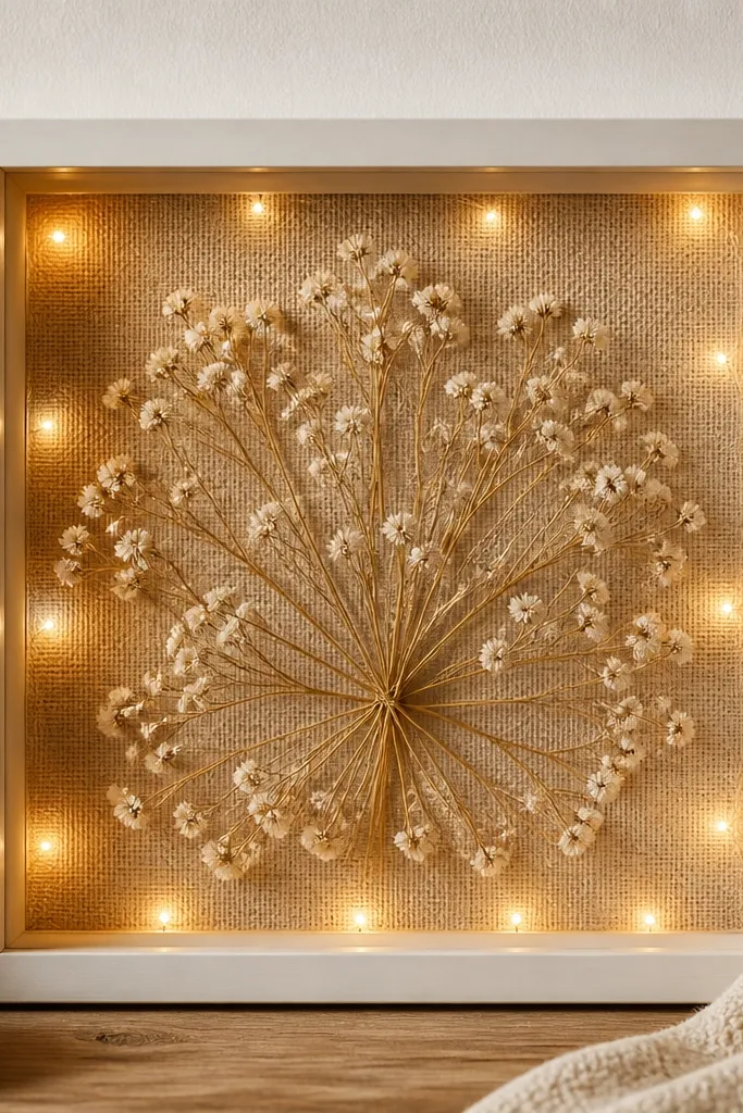 A cream-colored shadowbox frame with a burlap backing; dried baby's breath forms a starburst pattern. Warm fairy lights are tucked around the perimeter, glowing like a soft halo.