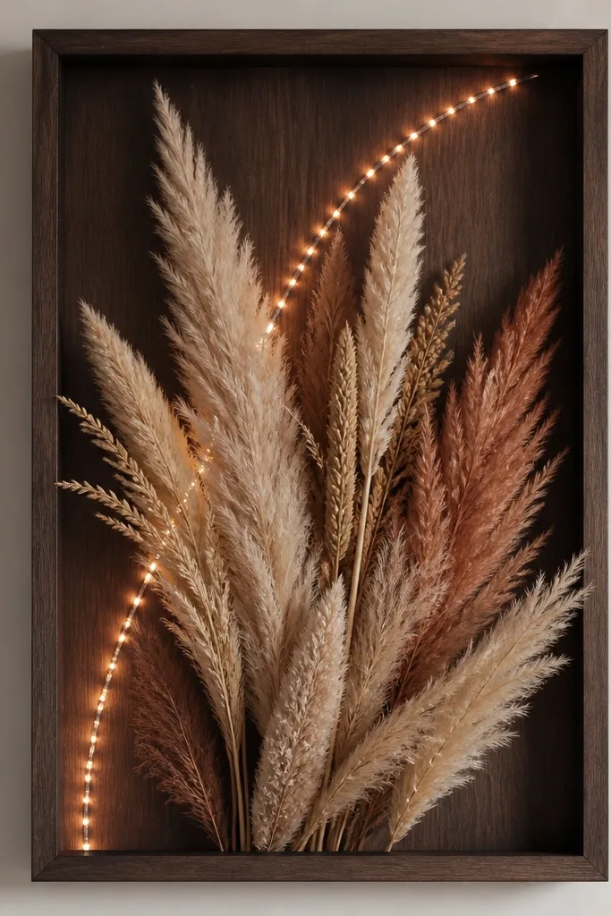 A dark walnut frame holding dried pampas grass plumes in terracotta and oat tones. Copper-toned micro LED lights trace a curved line behind the plumes.
