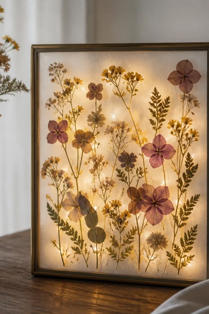 A clear-front frame with glass; pressed dried flowers (tiny yellows and mauves) are layered on a translucent vellum sheet. Warm lights are placed behind the vellum, making the pressed petals glow.