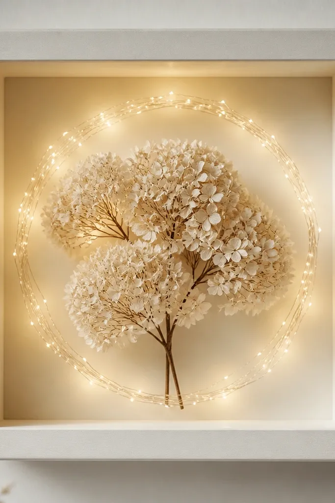 An off-white shadowbox with a shallow recess; dried white hydrangea blooms sit near the center. Warm fairy lights form a ring around the blooms, with a soft halo effect.