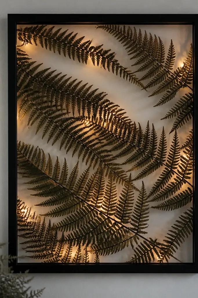 A black metal frame; dried dark green fern fronds are arranged in sweeping diagonals. Amber warm lights are hidden behind the fronds, tinting the fern edges.