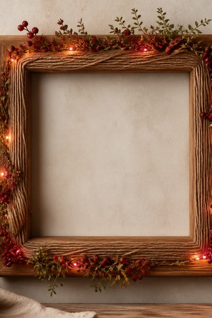 A natural wood frame wrapped with twine; dried red berries are tucked among small greenery. Mini lights peek from behind the twine edge, giving a warm red-and-amber glow.
