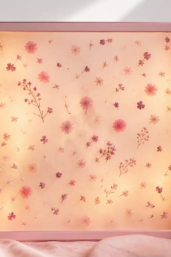 A pastel pink frame with translucent backing; small dried pink and mauve flower pieces are scattered like confetti. Warm lights underneath create a soft wash glow across the whole sheet.