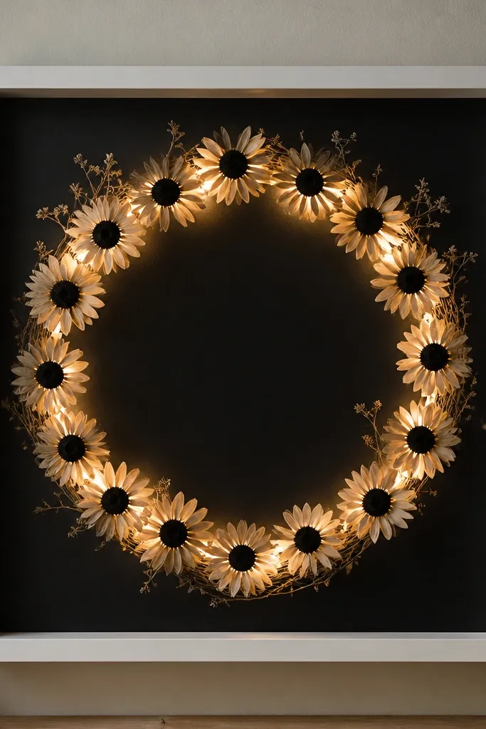 A white frame with a black backing; dried black-eyed Susan flowers form a circular ring. Warm lights run behind the ring, making the petals glow in a monochrome way.