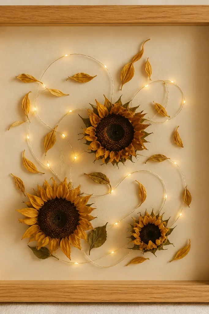 A light oak frame with a warm yellow glow; dried sunflower petals and a few whole heads sit on a cream mat. Golden thread-like fairy lights are arranged in a gentle swirl behind the flowers.