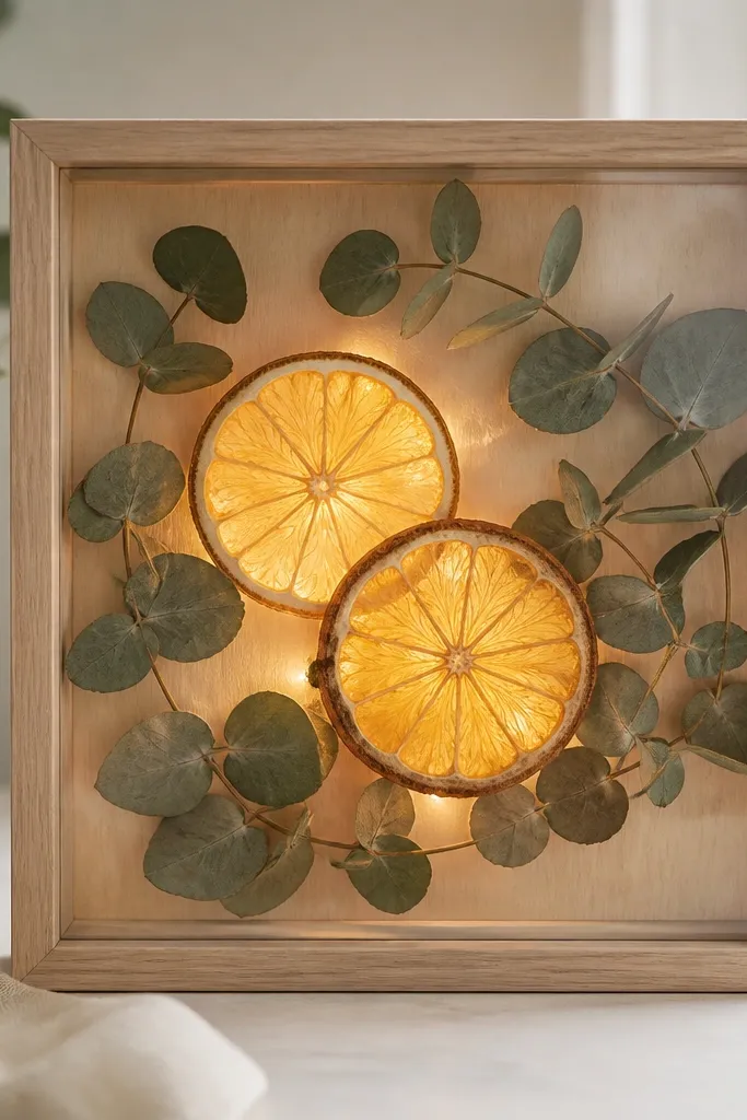 A clear-front frame with a pale wood backing; eucalyptus leaves surround two dried lemon slices in the center. Warm lights are placed behind the lemon slices, making the citrus look backlit.