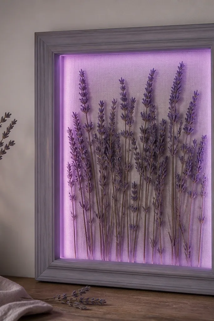 A lavender-gray frame holding dried lavender sprigs arranged vertically. Purple-tinted warm LEDs create a gentle violet glow around the sprigs, with no visible bulb dots.