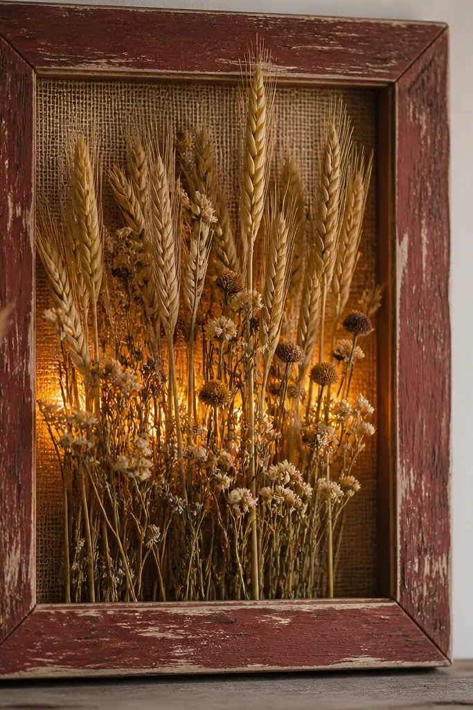 A distressed red wooden frame; dried wheat and small dried wildflowers sit on a burlap backing. Faux candle flicker lights are hidden behind the wheat, creating a gentle moving glow.