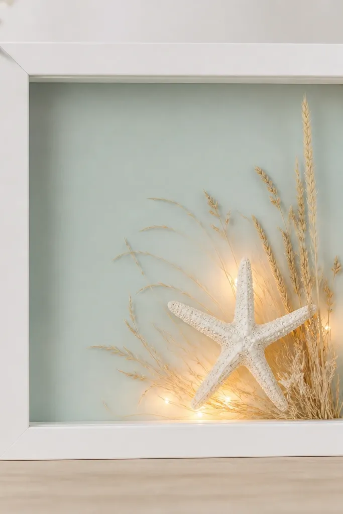 A white frame with a sea-glass colored backing paper; a small dried white starfish sits off-center with dried beach grasses. Warm lights are placed behind the starfish for a soft glow.