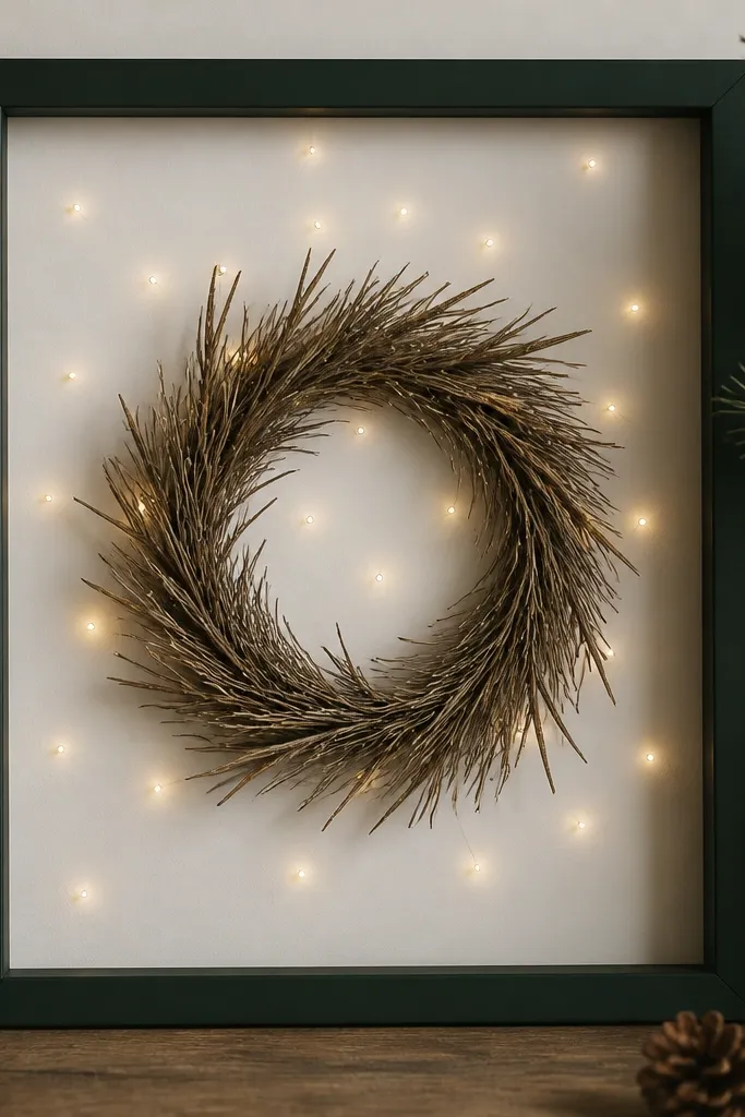 A dark green frame with a white backing; dried pine needles form a small wreath. Tiny gold micro LEDs are scattered behind the wreath like snow dots.
