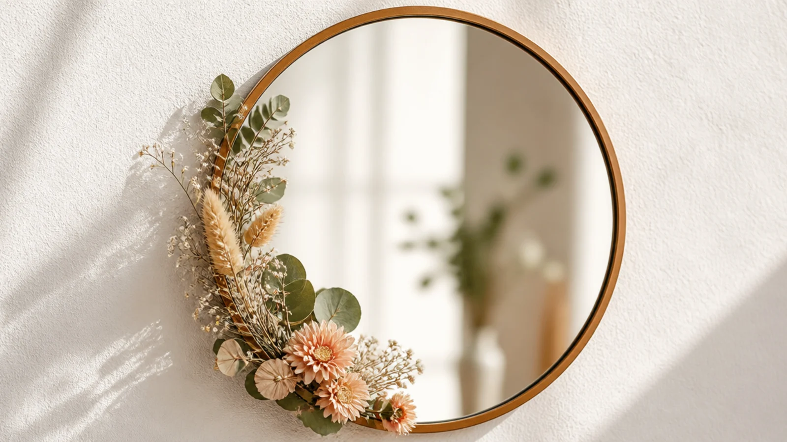 A plain round mirror with a small cluster of dried flowers and greenery accenting one corner of the frame.