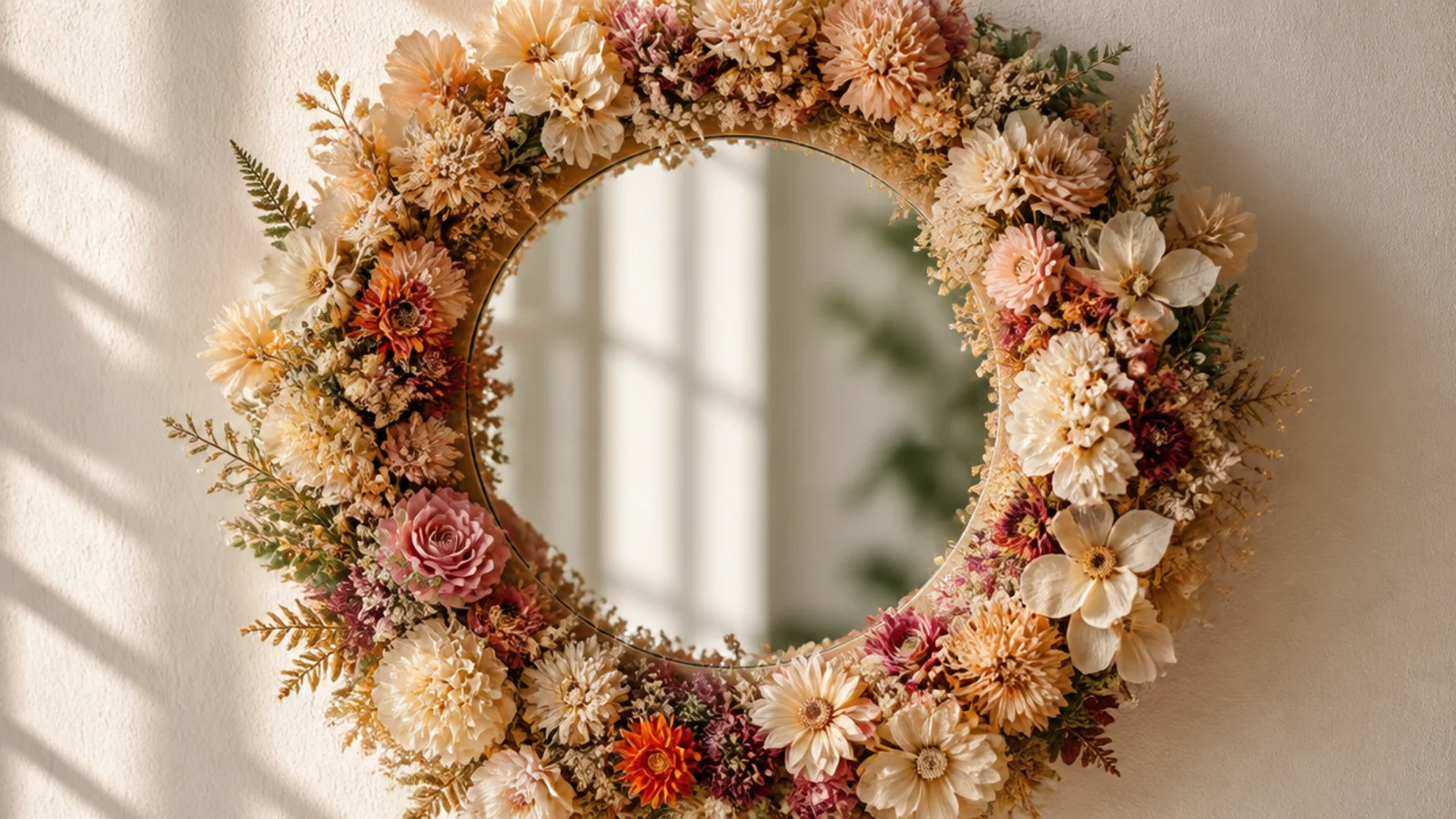 A round mirror with dried and faux flowers covering the entire frame in a full lush floral ring.