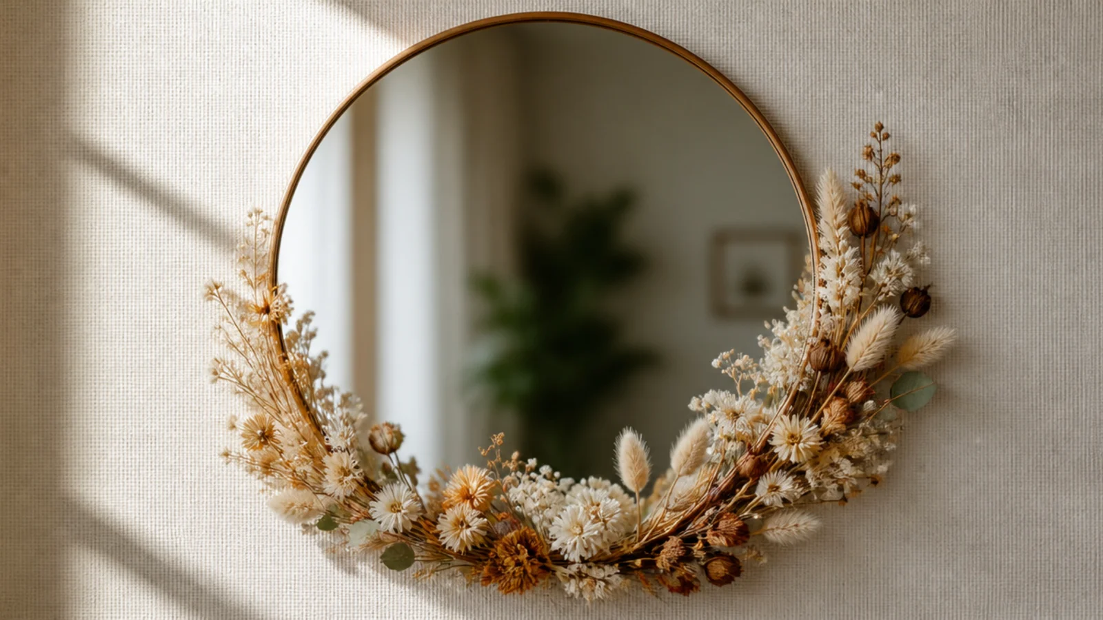 A round mirror with dried flowers forming a half-wreath around the lower half of the frame, top left bare.