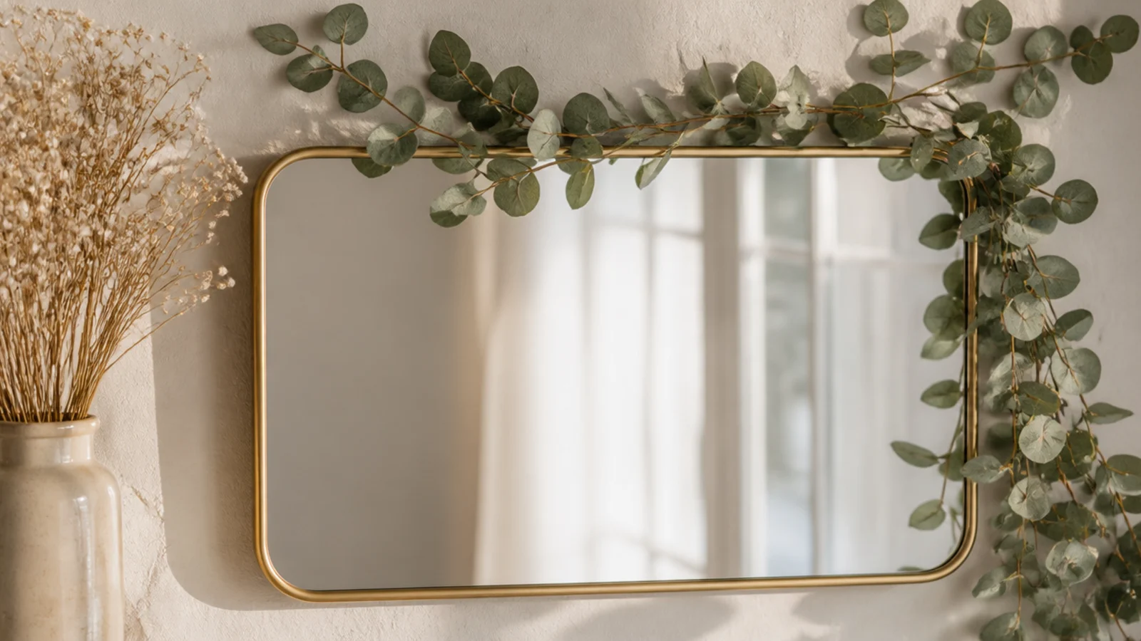 A rectangular mirror with dried silvery-green eucalyptus trailing along the top and down one side, calm and green.