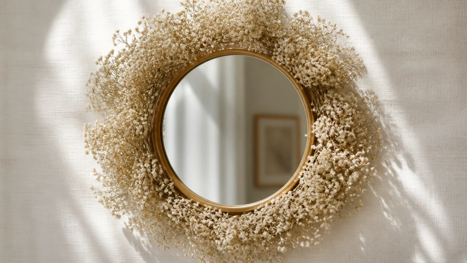 A round mirror surrounded by a soft cloud of tiny white dried baby's breath forming a full airy ring.