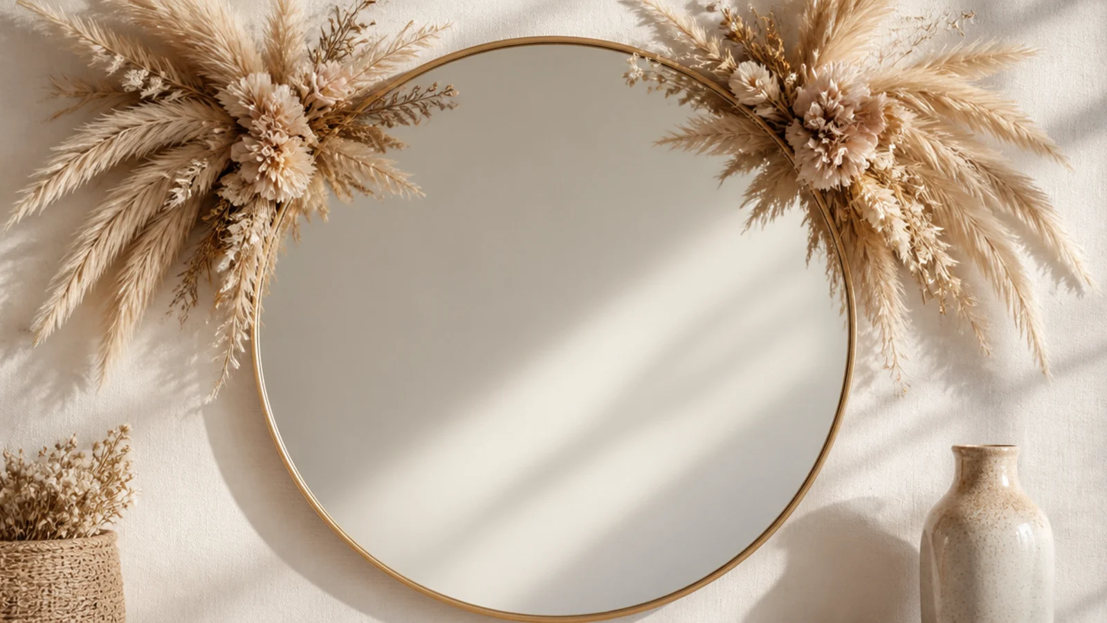 A round mirror with soft feathery dried pampas grass fanning out from the top corners in warm neutral tones.