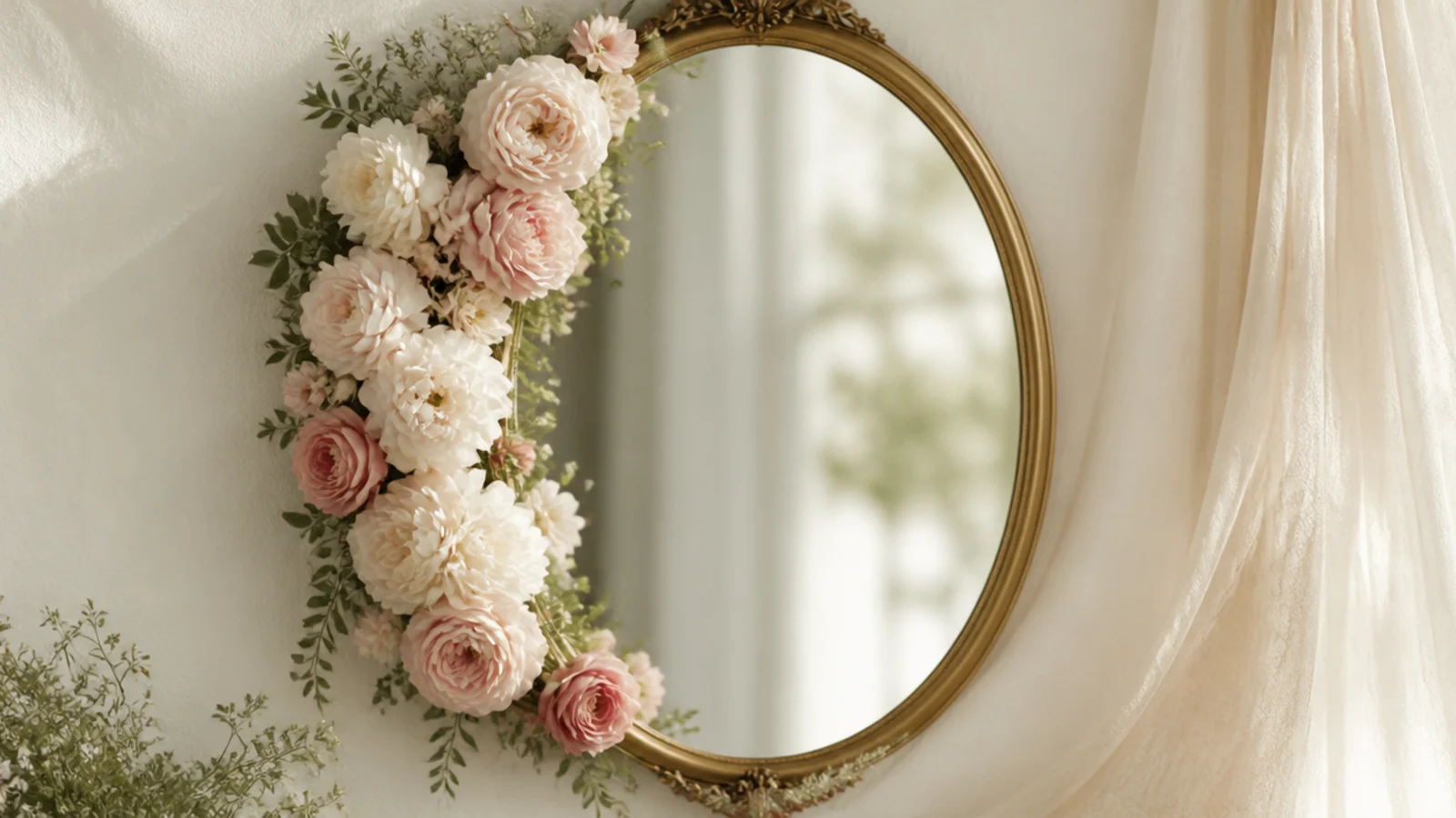 An oval mirror with lush faux peonies and roses clustered down one side in soft blush and cream tones.