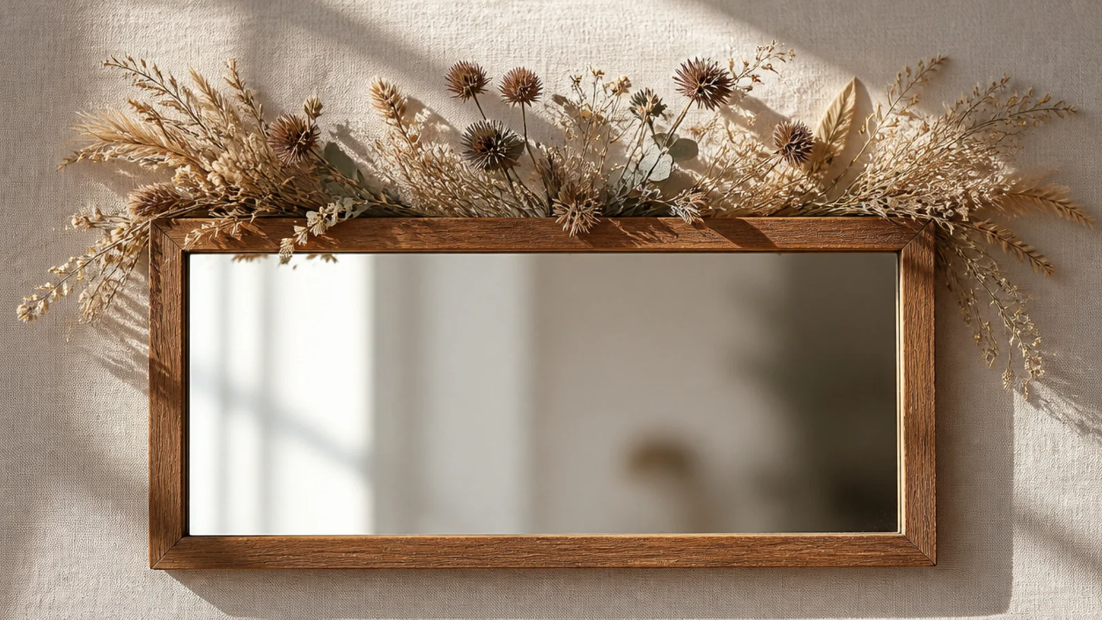 A rectangular wood-framed mirror with dried wildflowers and grasses tucked along the top edge in a rustic style.
