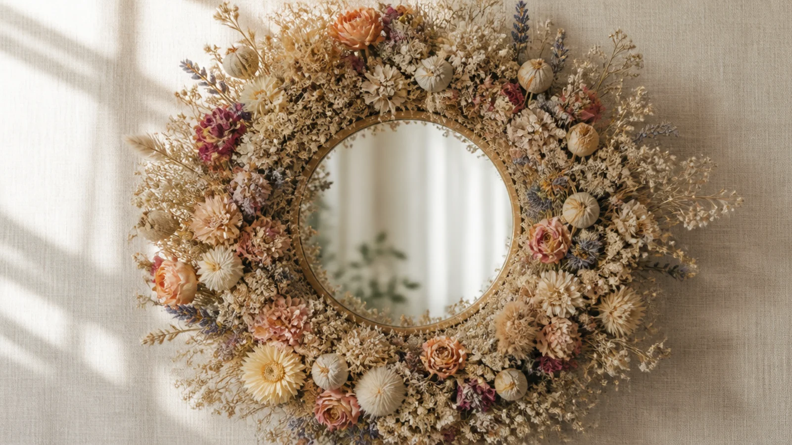 A small round mirror set inside a full dried flower wreath so the blooms form a thick ring around the glass.
