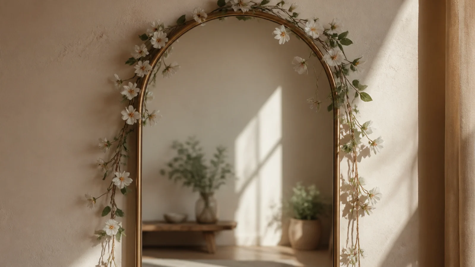 An arched mirror with faux flowering vines trailing down from the top curve along both sides gracefully.