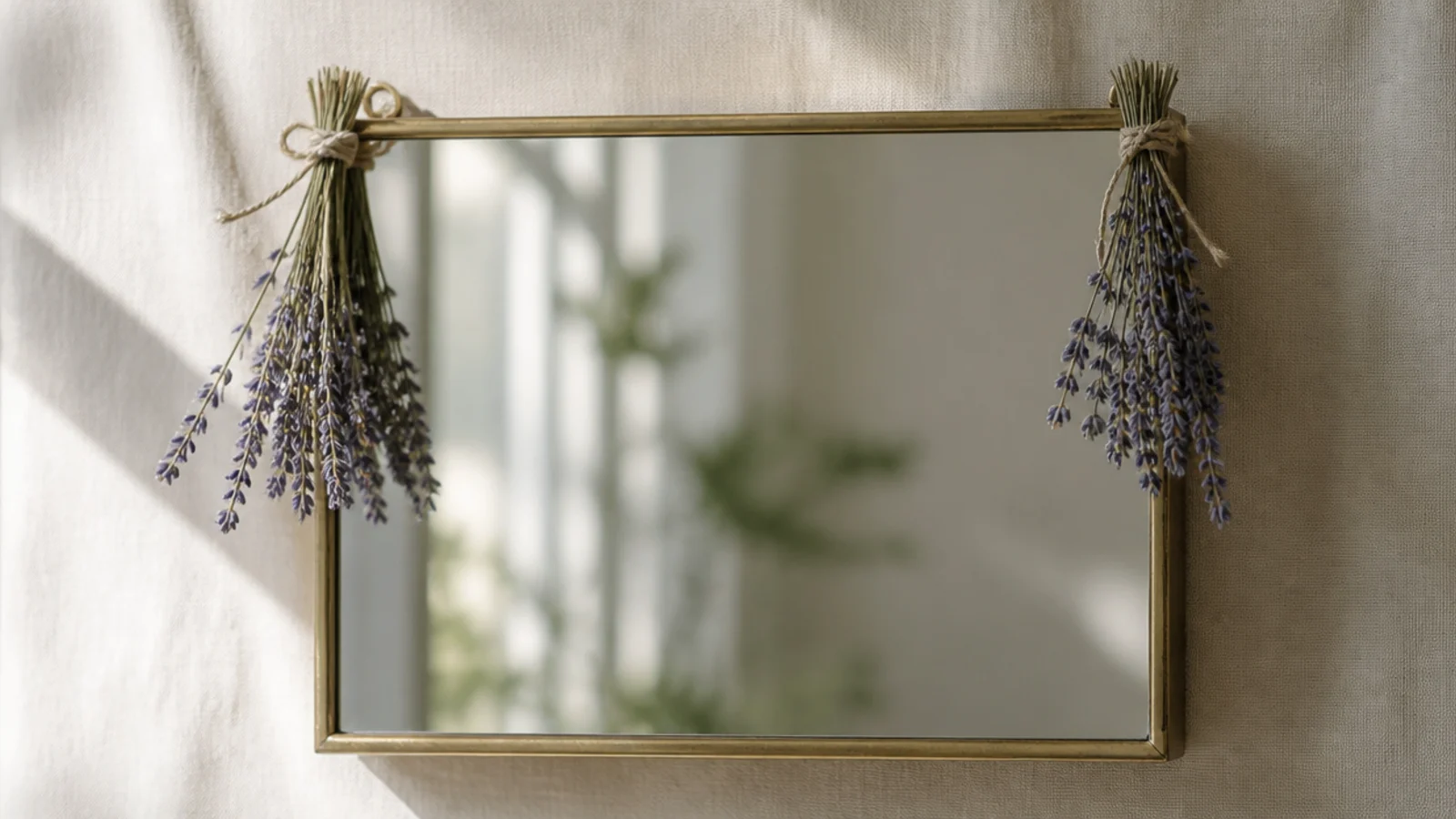 A rectangular mirror with tied bundles of dried lavender accenting the top corners, purple-grey and calm.