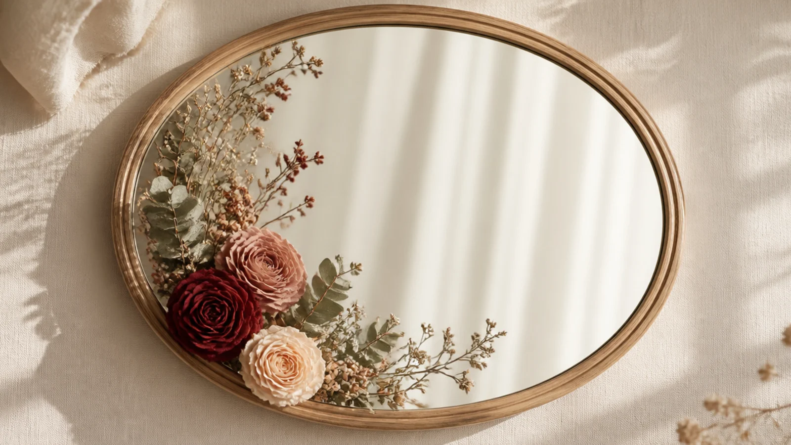 An oval vanity mirror with preserved roses and greenery clustered at one corner in soft red and blush tones.