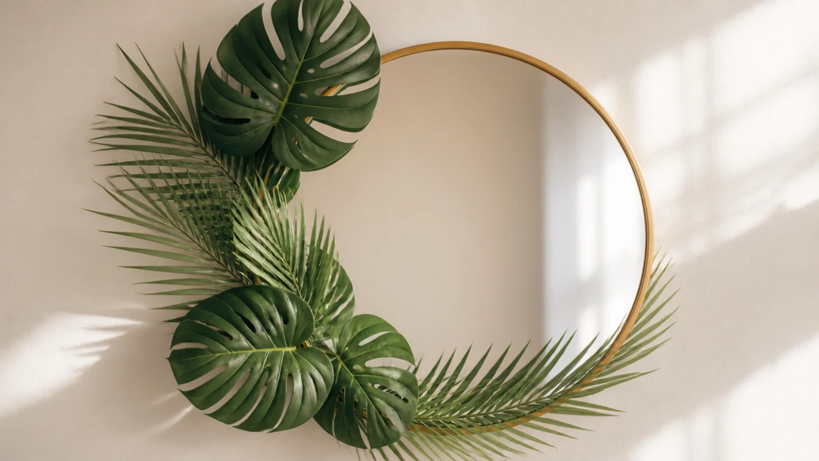 A round mirror with large faux monstera leaves and palm fronds fanning from one side in bold green.