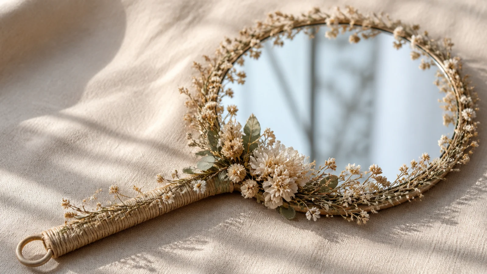 A decorative hand mirror with tiny dried flowers wrapped around the handle and clustered where it meets the glass.