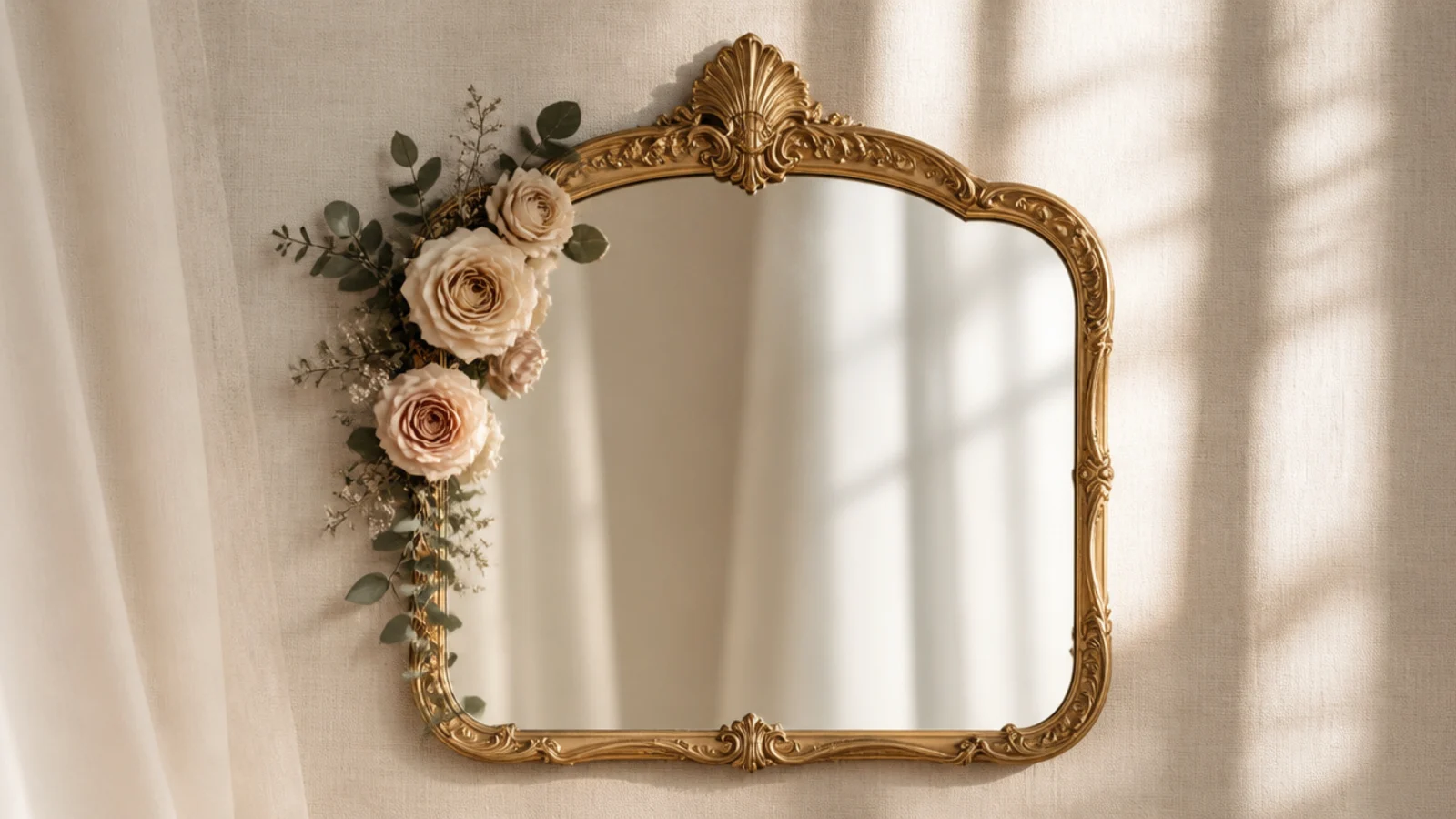 An ornate gold vintage mirror with a few preserved roses and greenery tucked into one corner of the gilded frame.