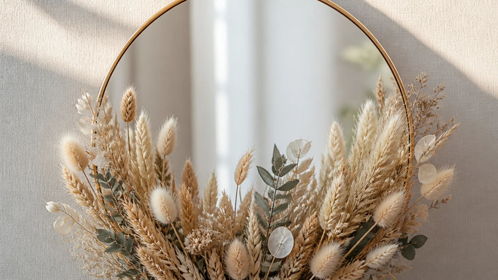 A round mirror with an assortment of dried grasses and bunny tails fanning across the bottom in soft neutral tones.