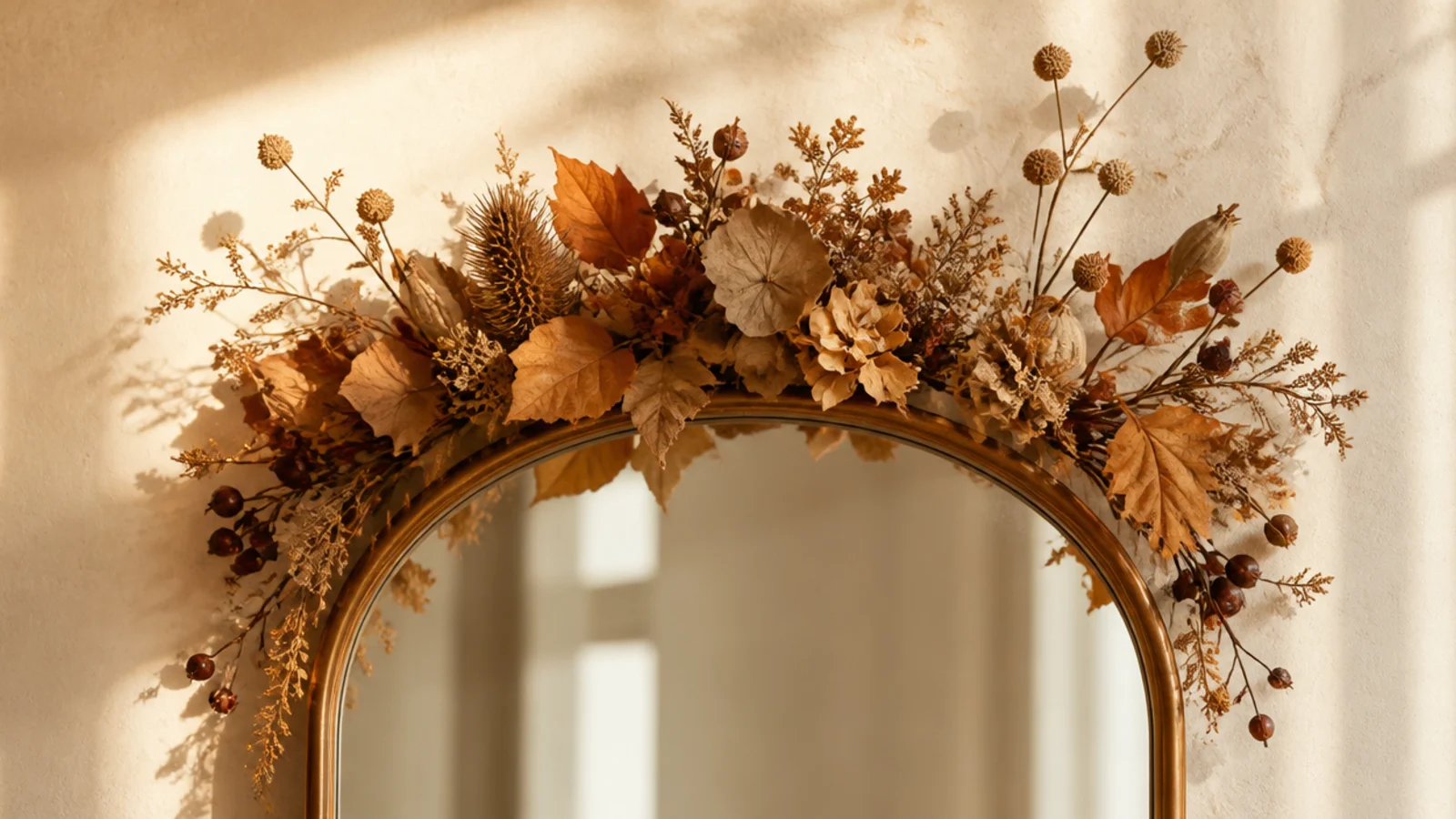 A mirror accented with dried autumn leaves, seed pods, and warm-toned blooms across the top in fall colors.