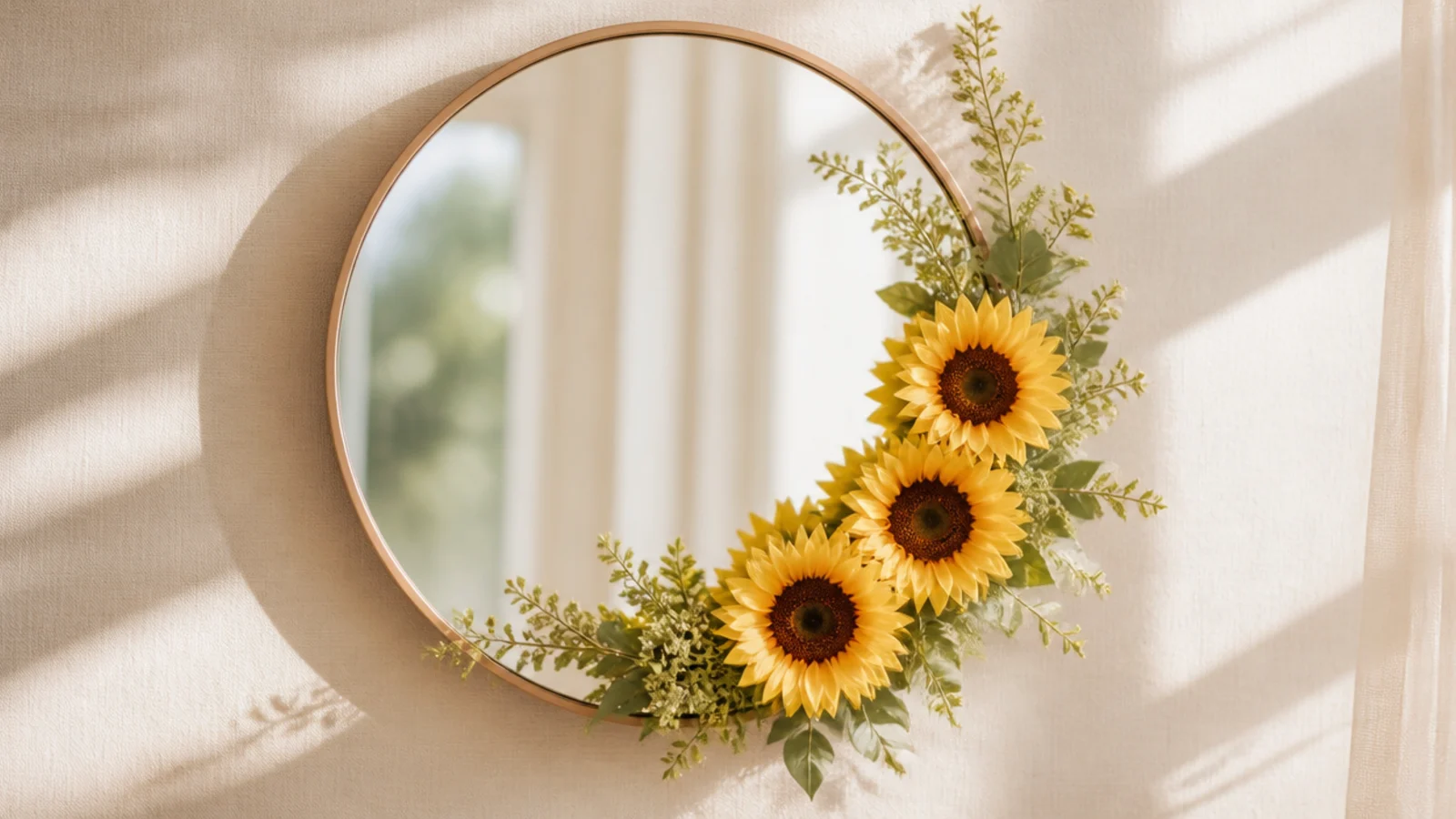 A round mirror with a few large faux sunflowers and greenery clustered at one side in cheerful yellow tones.