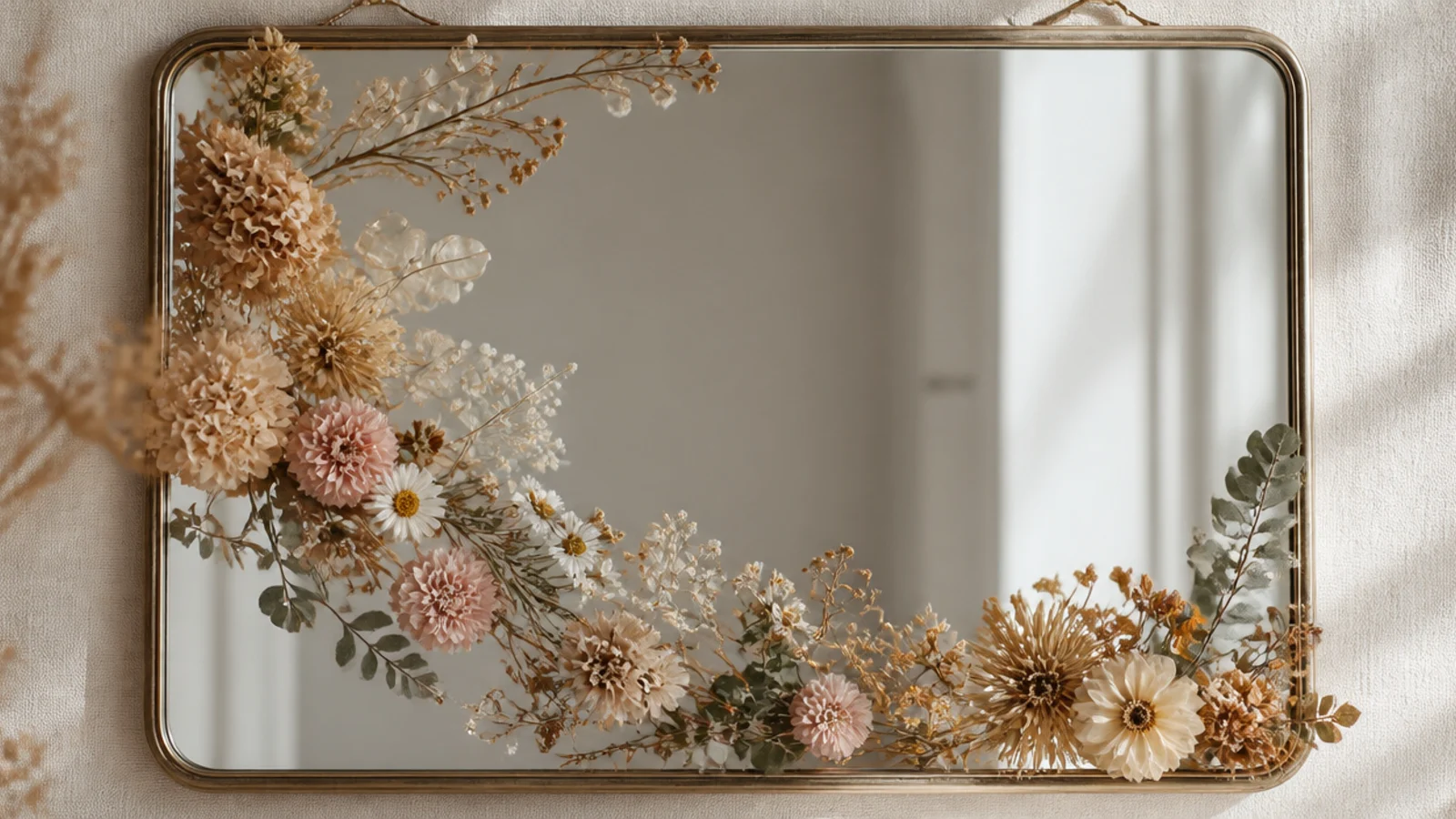 A rectangular mirror with dried flowers cascading diagonally from the top-left corner down toward the bottom-right.