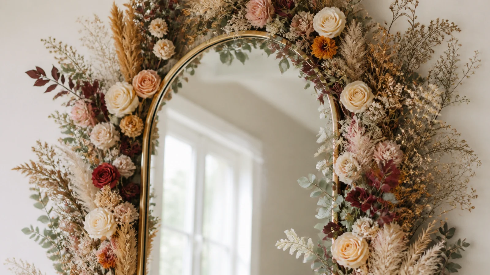 A large entryway mirror with an abundant lush floral surround of mixed dried and faux blooms in rich full color.