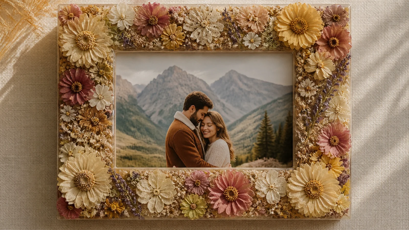 A photo frame with dried flowers covering the entire border all the way around, framing the photo in blooms.