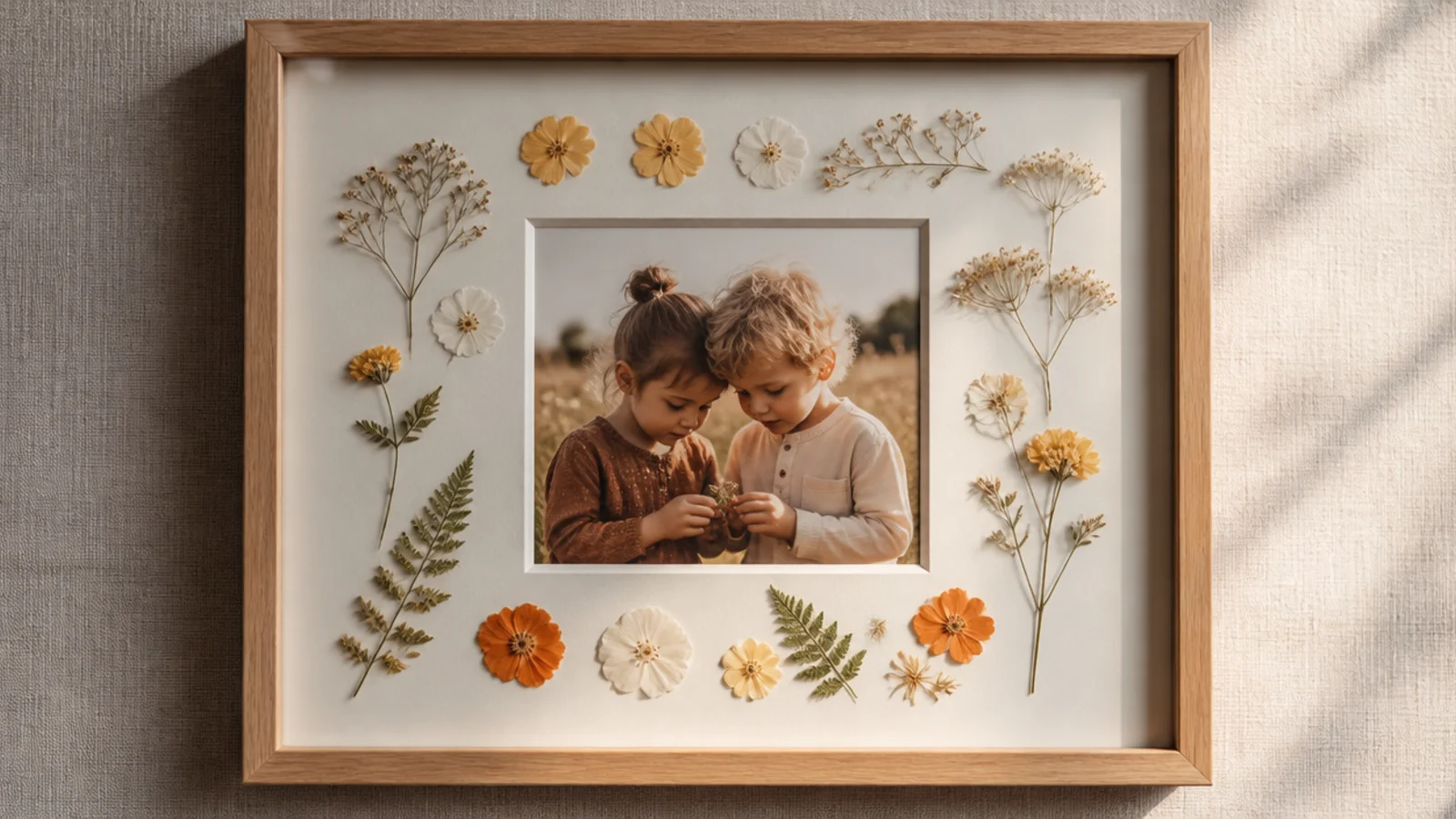 A framed photo with pressed flowers arranged on the wide mat around the picture, all behind glass.