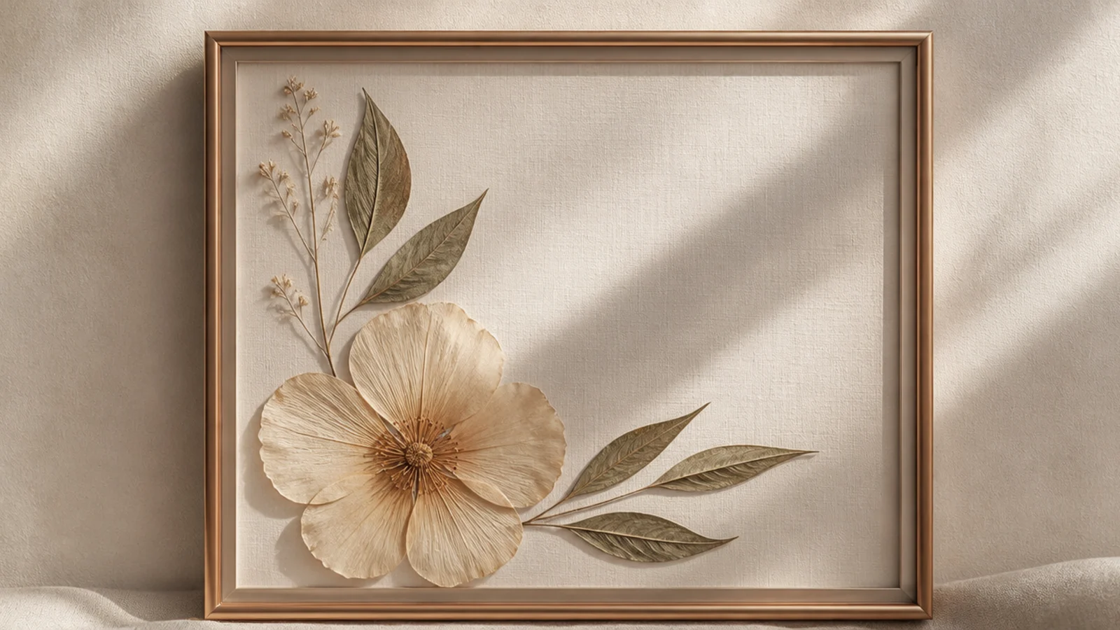 A photo frame with one larger preserved bloom and a few leaves accenting a single corner, photo clear.