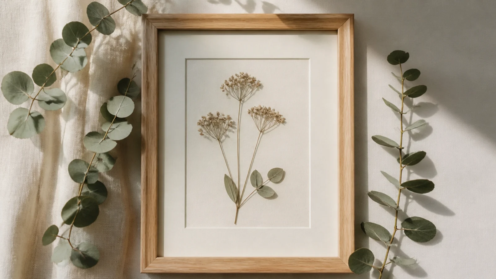 A photo frame with dried silvery-green eucalyptus sprigs trailing along two edges, calm and modern.