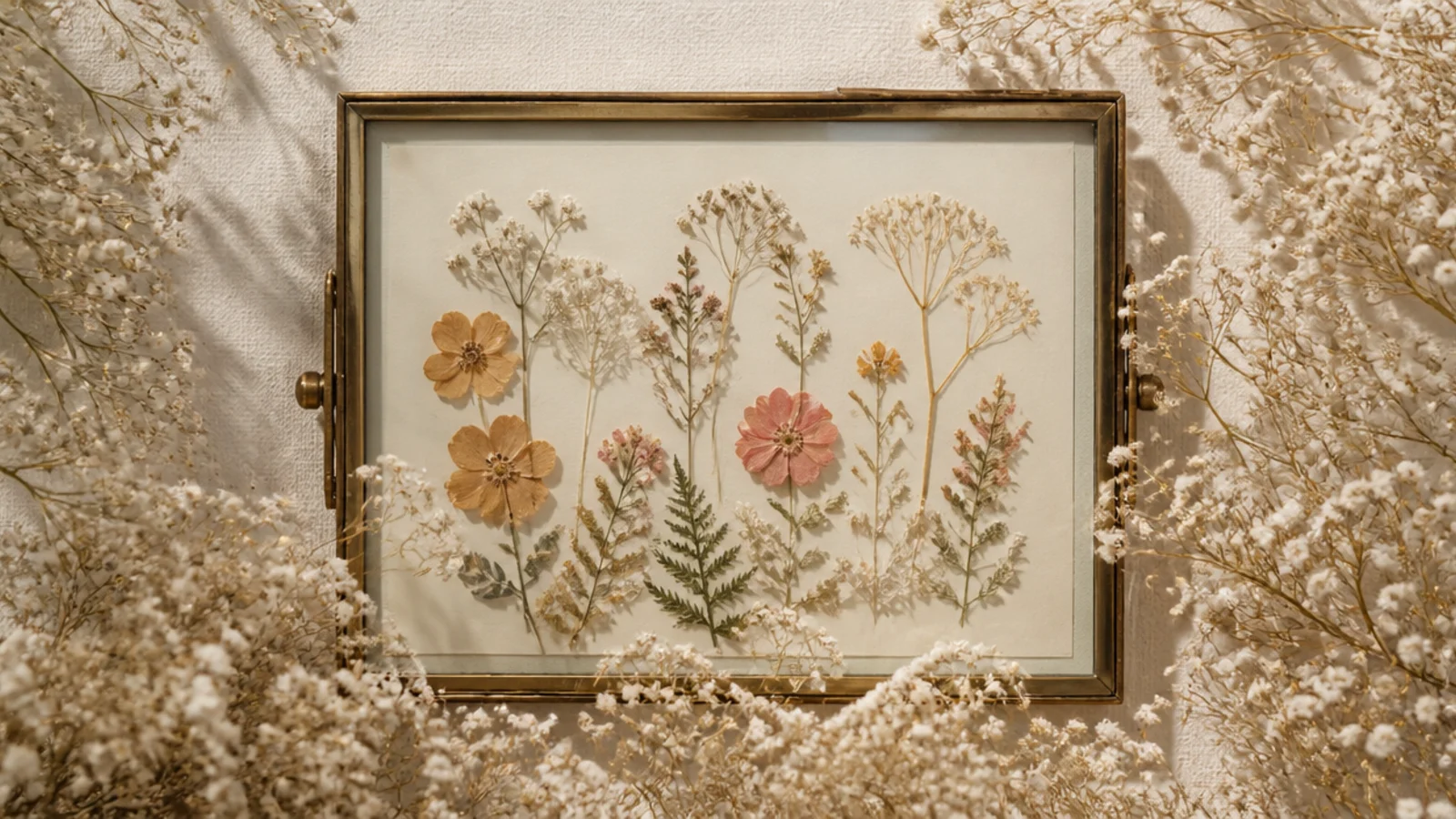 A photo frame surrounded by a soft cloud of tiny white dried baby's breath flowers around the border.
