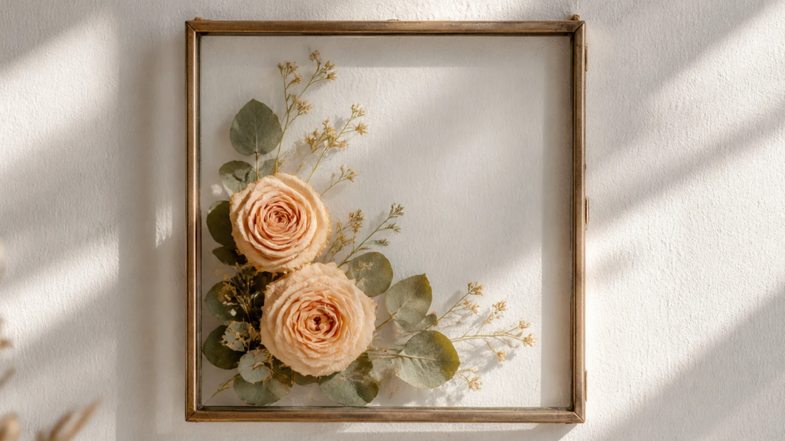 A photo frame with two preserved roses and greenery clustered in one corner in soft blush tones.