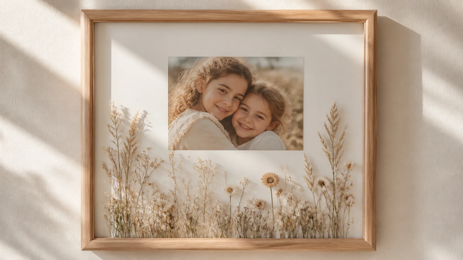A photo frame with dried wildflowers and grasses lining the bottom edge like a little meadow beneath the photo.