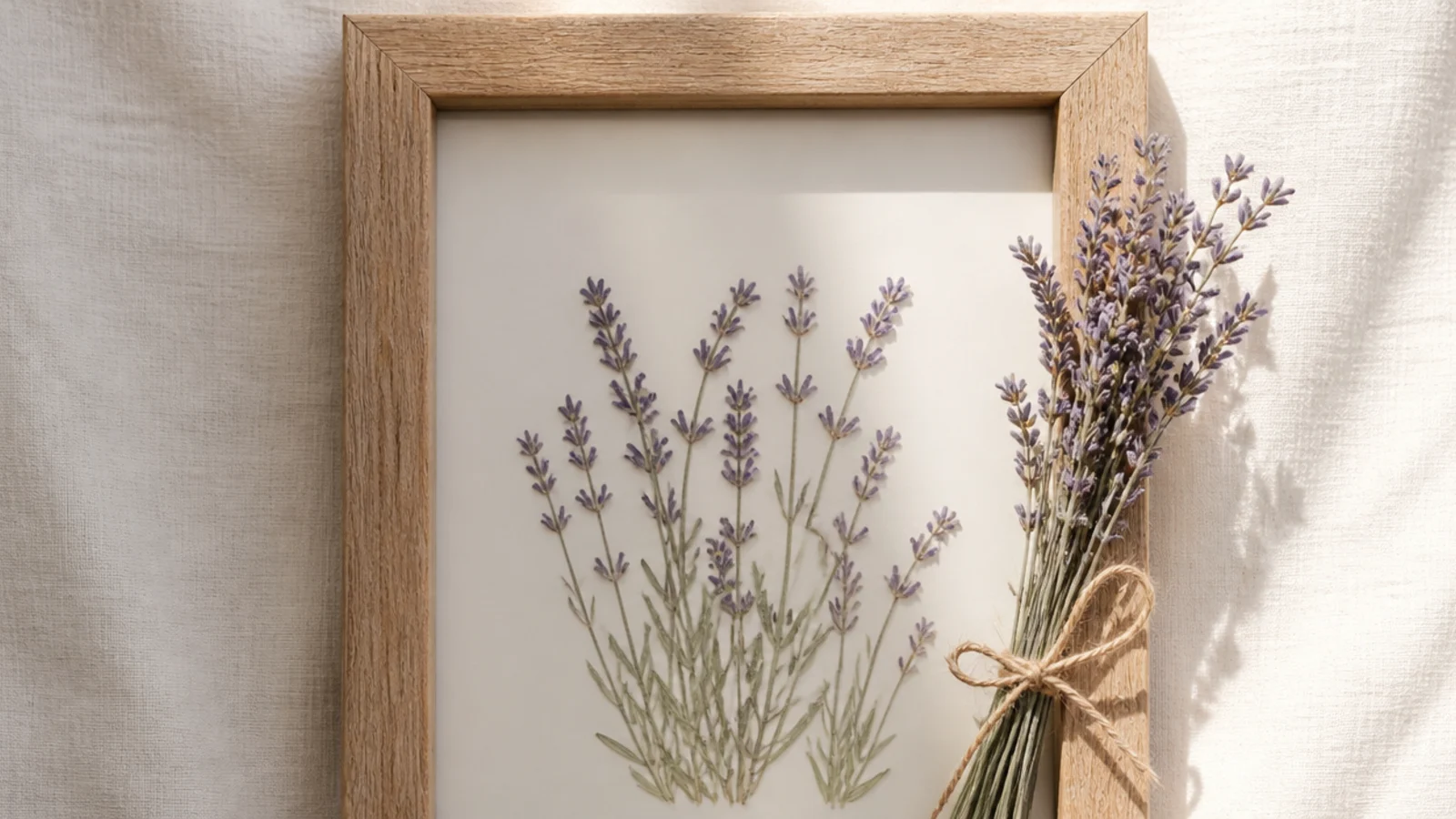 A photo frame with a small bundle of dried lavender tied with twine accenting one corner, purple-grey tones.