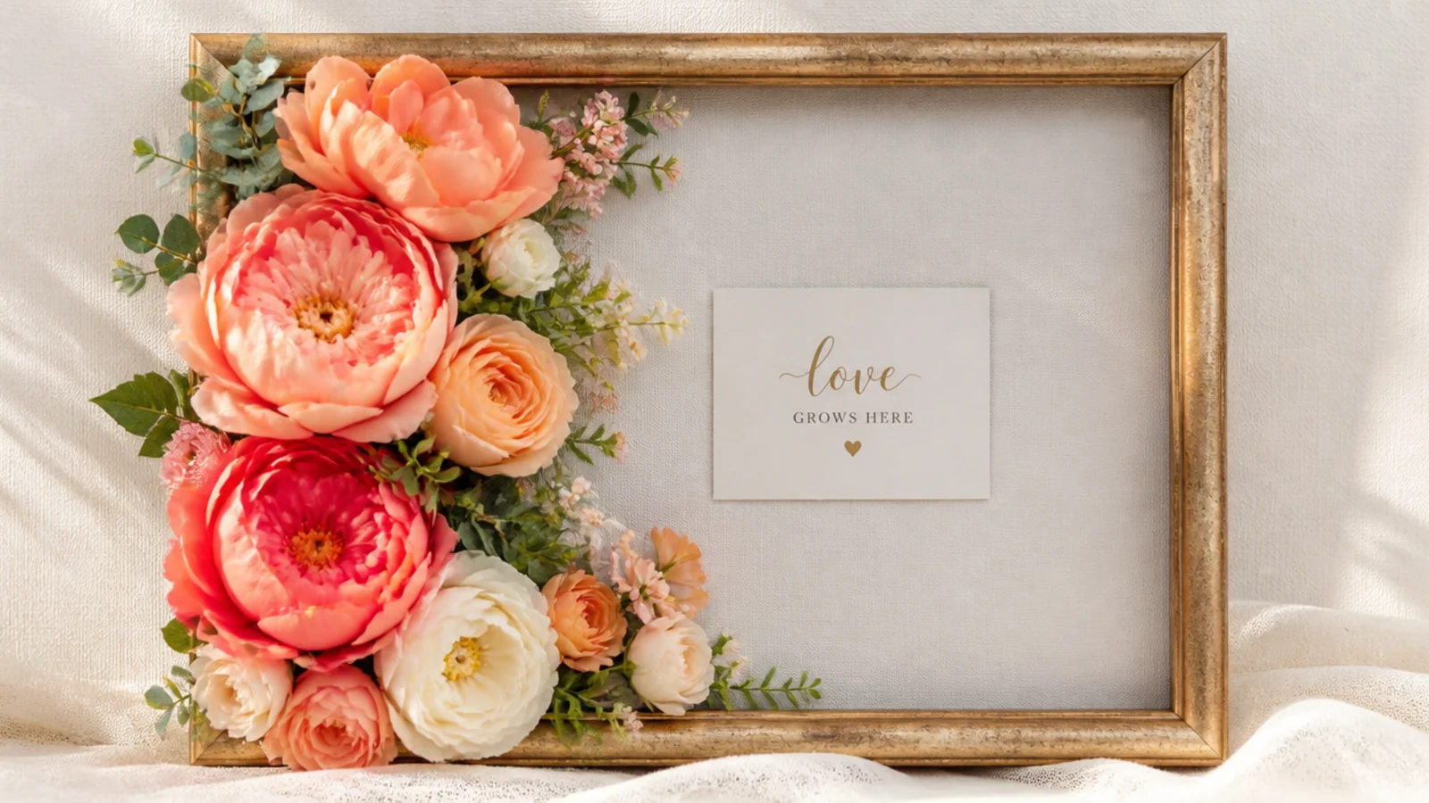 A photo frame with lush high-quality faux peonies and roses covering one full side in bold color.