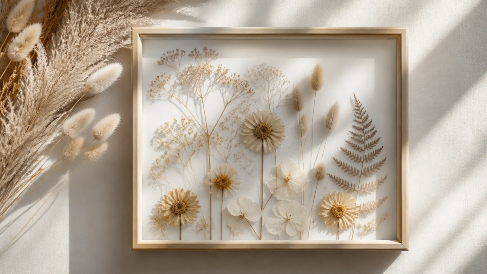 A photo frame accented with soft dried pampas fronds and fluffy bunny tail grasses in neutral tones on one corner.