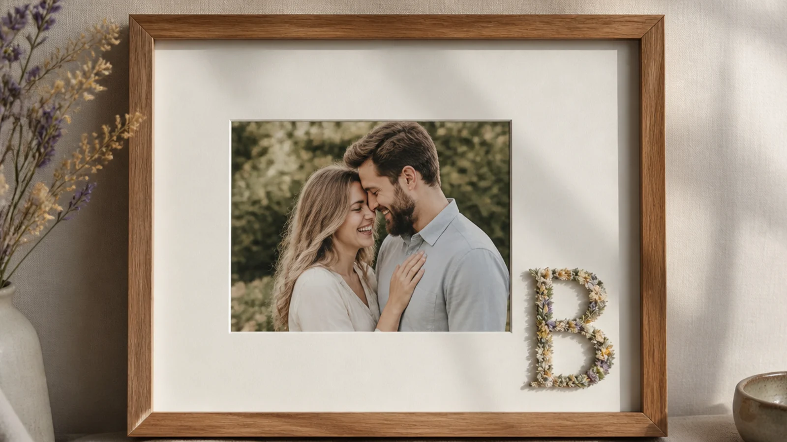 A photo frame with a small floral-covered letter initial mounted in one corner beside the photo.