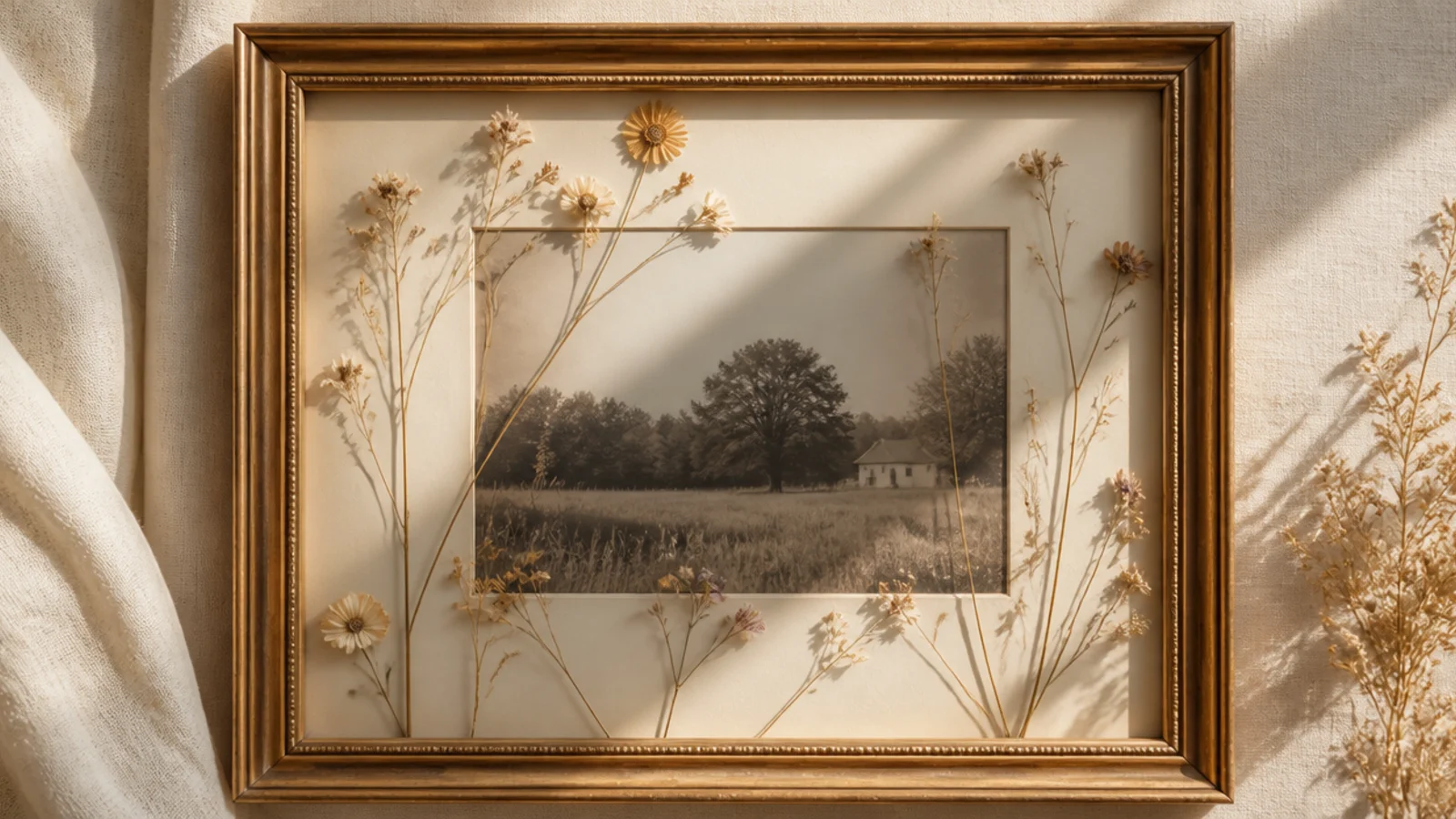 A framed photo with delicate pressed flowers scattered across the glass overlapping the mat in a vintage style.