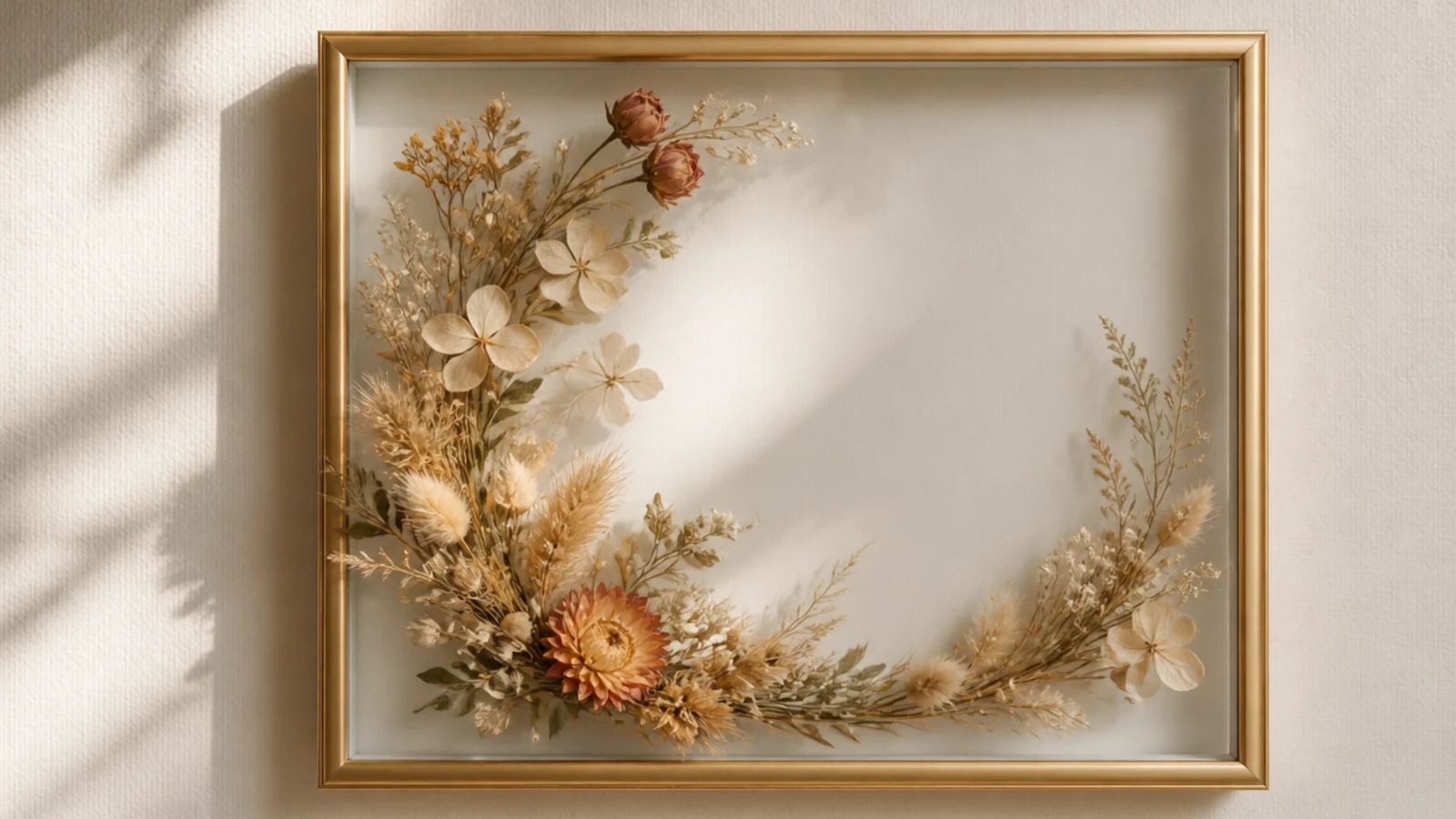 A photo frame with dried flowers forming a half-wreath curving around two corners, leaving the other side clear.